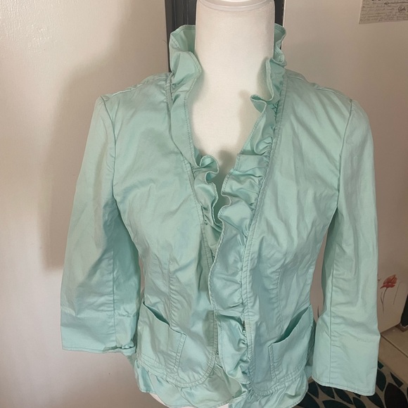 Petite Mint green 3/4 sleeve dress jacket with ruffles and pockets from Talbots - Picture 3 of 9